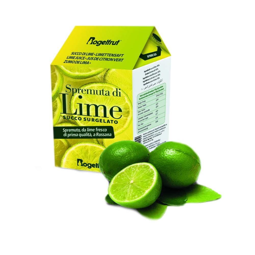 une brique de jus de citron vert surgelé sur fond blanc