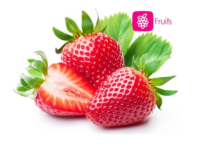 deux jolies fraises entières et une demi fraise avec leurs feuilles et logo fruits
