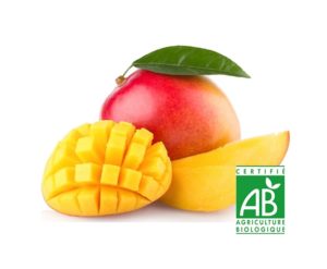 Une mangue entière avec une tranche de mangue et une demi mangue coupée en quadrillage issues d'agriculture biologique