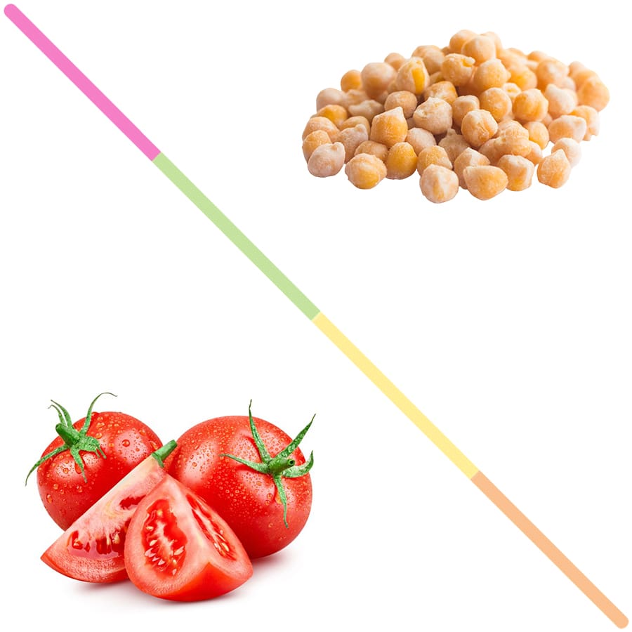 Deux tomates entières derrière deux quarts de tomates et un amas de pois chiche sur fond blanc