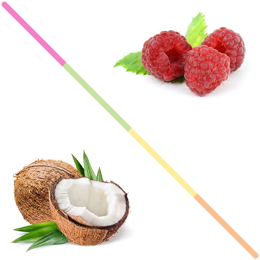 Trois framboises entières à côté d'une noix de coco entière et une demi noix de coco avec feuilles sur fond blanc