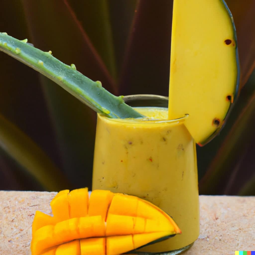 un smoothie mangue et aloe vera avec une demi mangue et une branche d'aloe vera