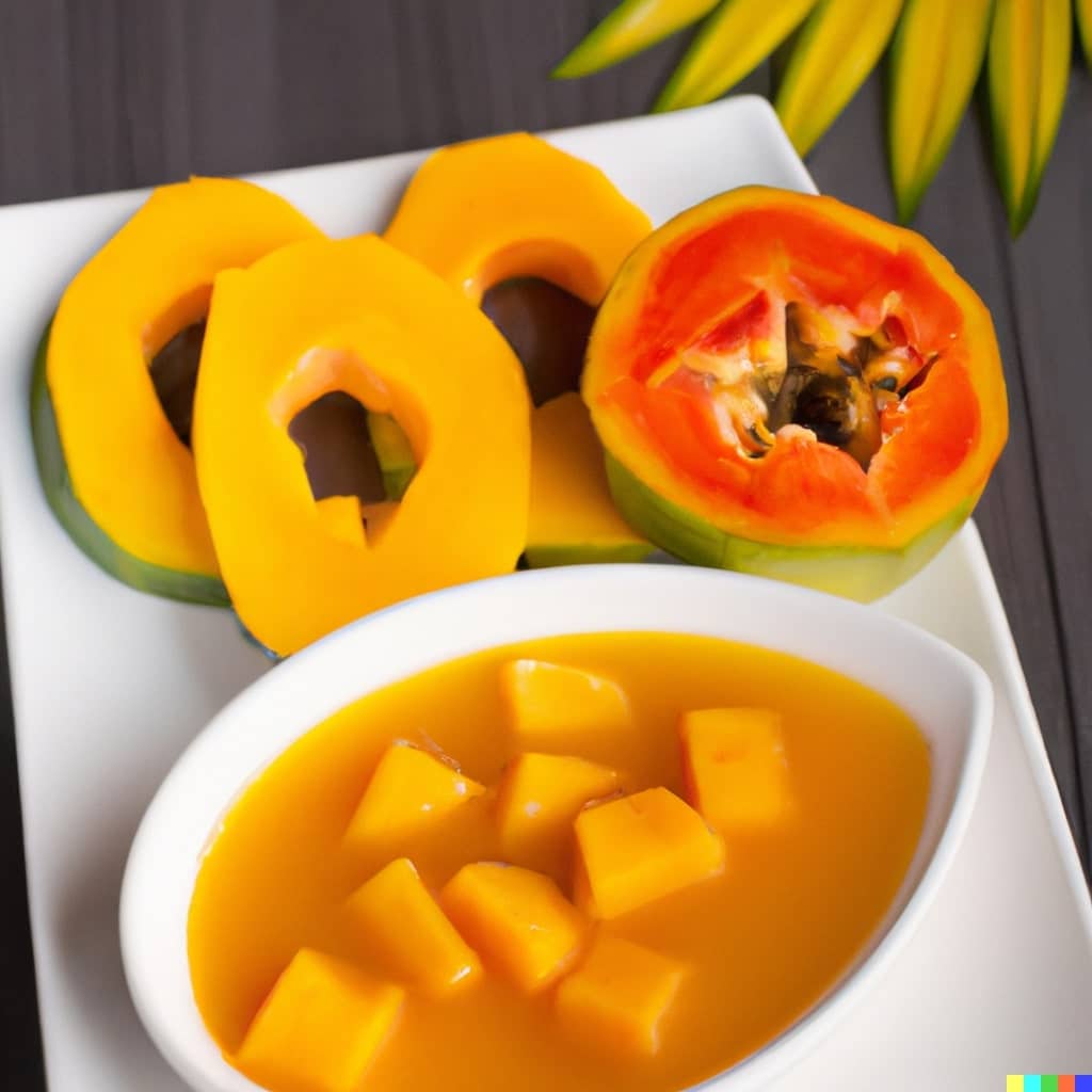 une soupe d'ananas et de papaye avec des rondelles de papaye dans une assiette