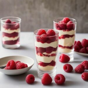 3 verrines à la framboise sur une table blanche avec des framboises entieres