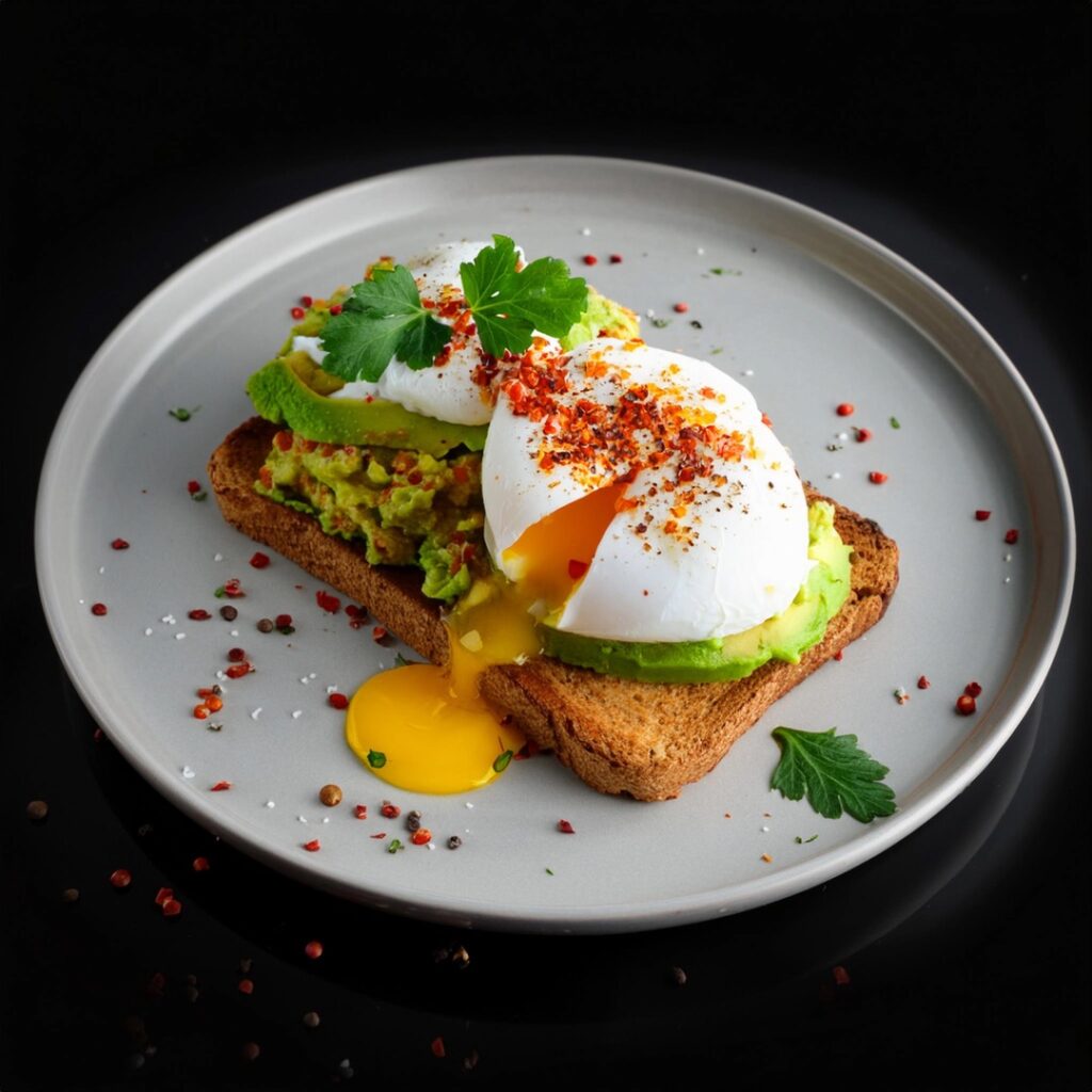 toast a l'avocat avec un oeuf poche au dessus dans une assiette blanche