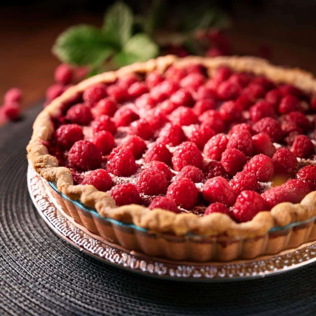 une tarte à la framboise dans un moule a tarte sur une table noir