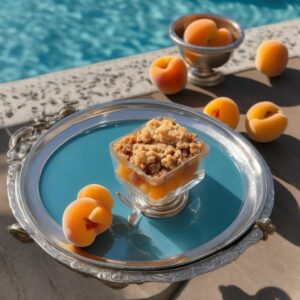 Crumble Abricot Miel Amandes - dans un bol au bord d'une piscine sur un plateau