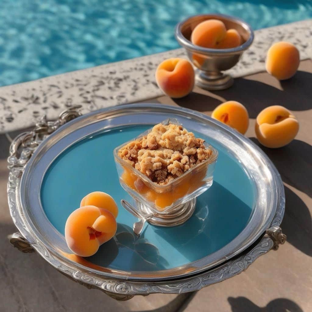 Crumble Abricot Miel Amandes - dans un bol au bord d'une piscine sur un plateau